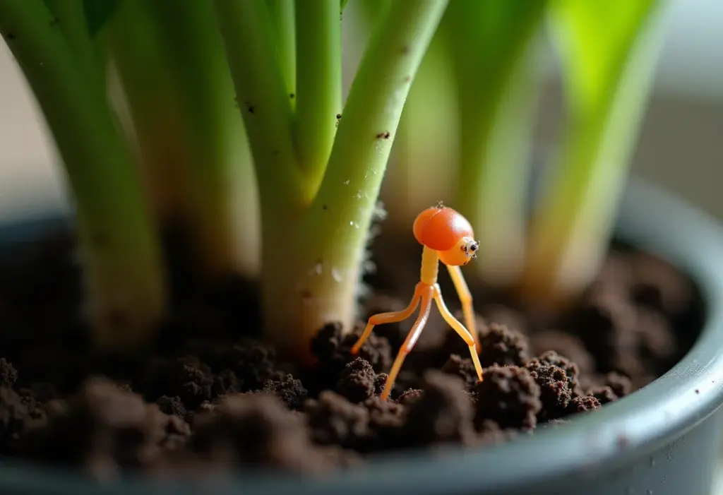 Fungus gnats perto da base de uma planta em vaso com solo encharcado.
