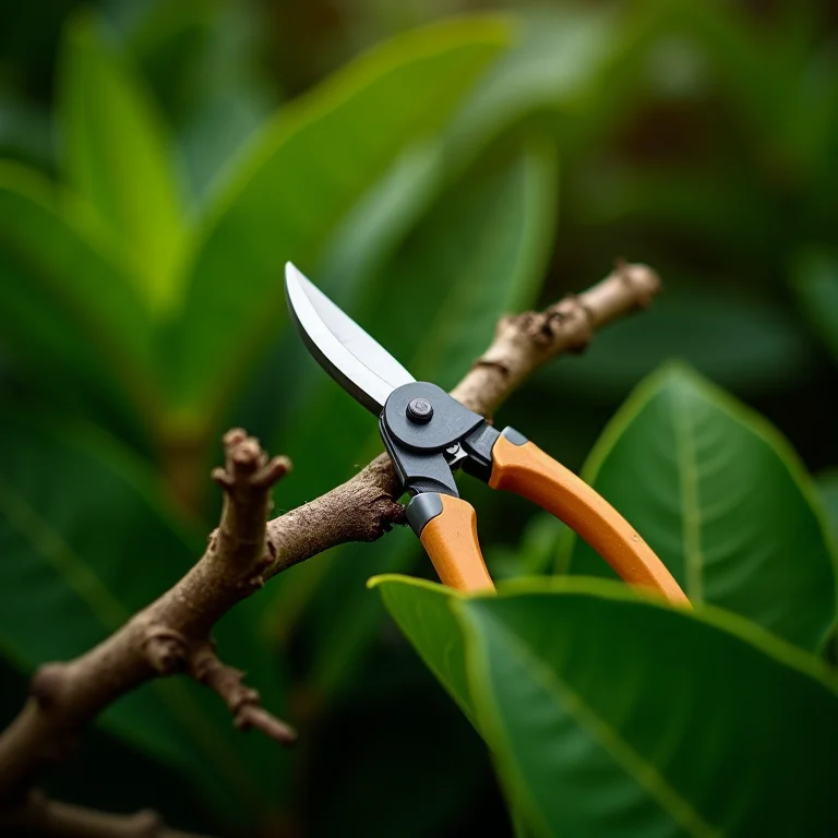 Galho cortado com folhas verdes e tesoura de poda.