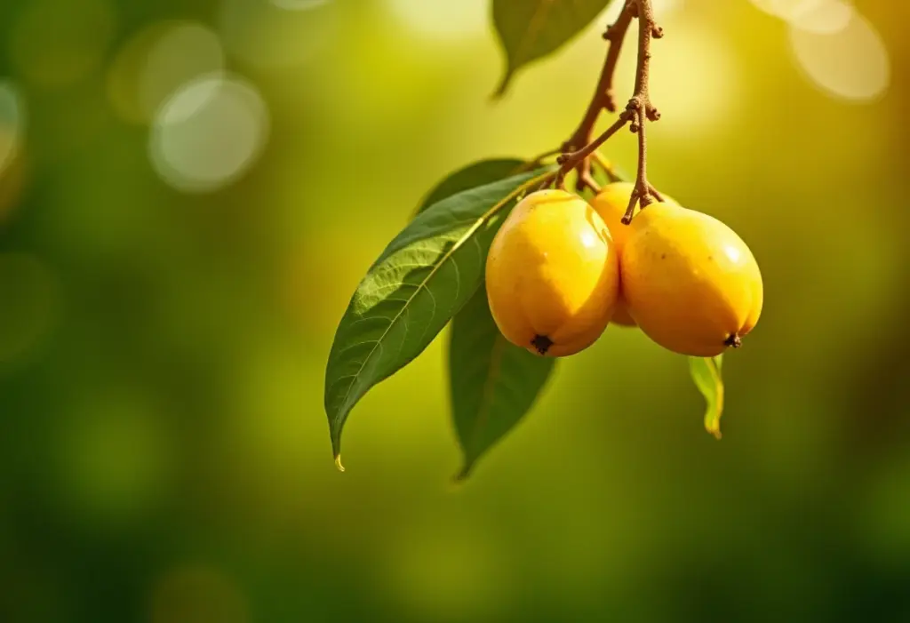 Galho de ingá carregado de frutas maduras sob a luz suave da manhã.