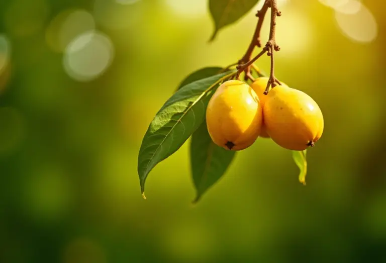Galho de ingá carregado de frutas maduras sob a luz suave da manhã.
