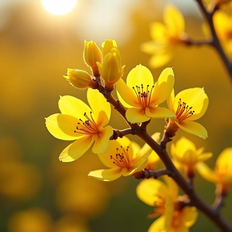 Galhos de Acácia com delicadas flores amarelas.