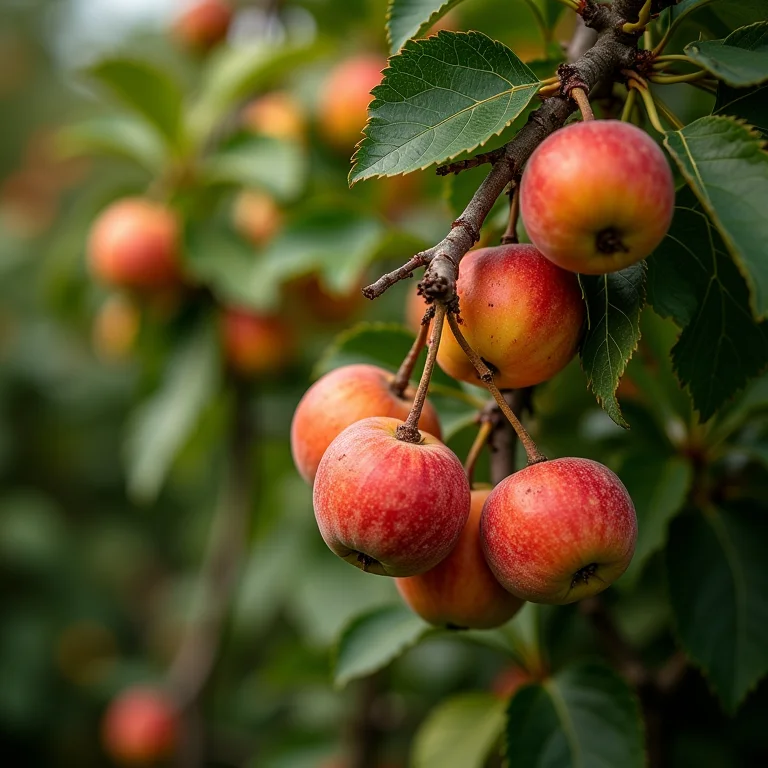 Galhos de árvore frutífera carregados de frutos maduros.