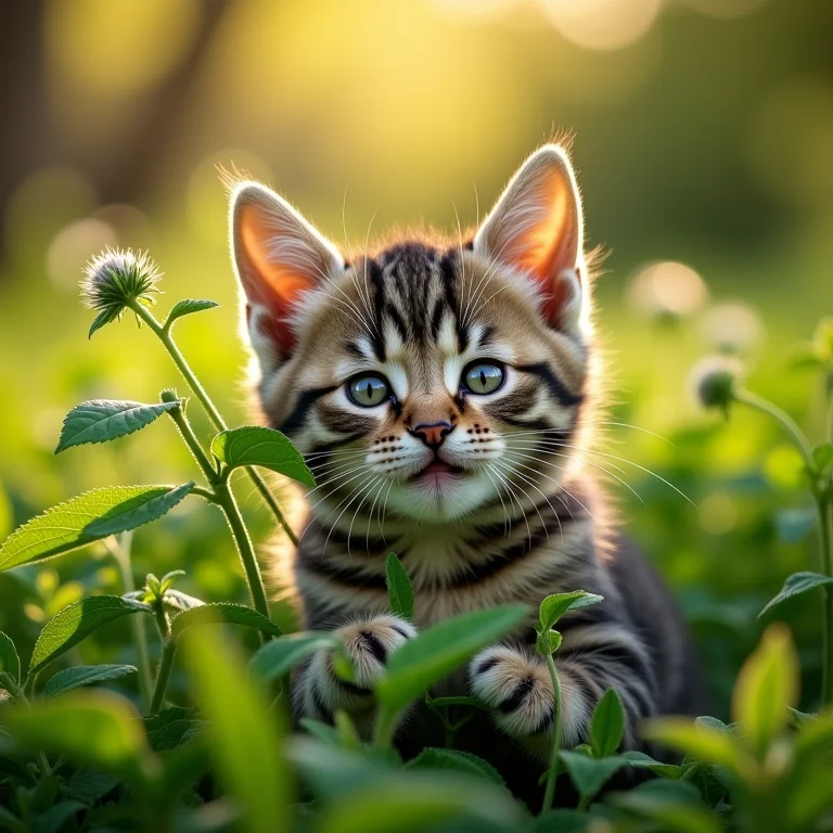 Gato malhado prateado brincando com Nepeta verde exuberante.