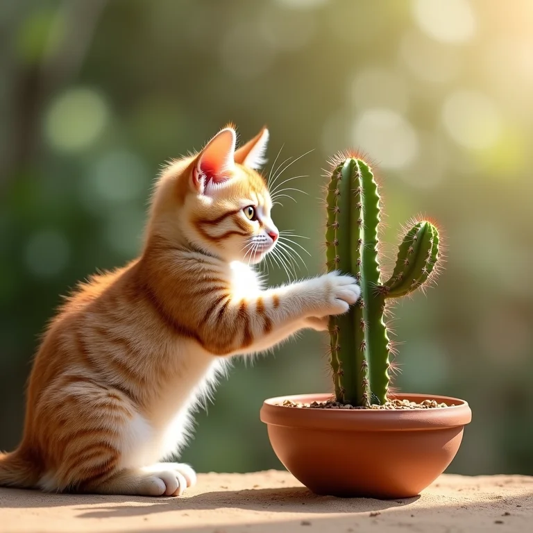 Gato se espreguiçando perto de um cacto.