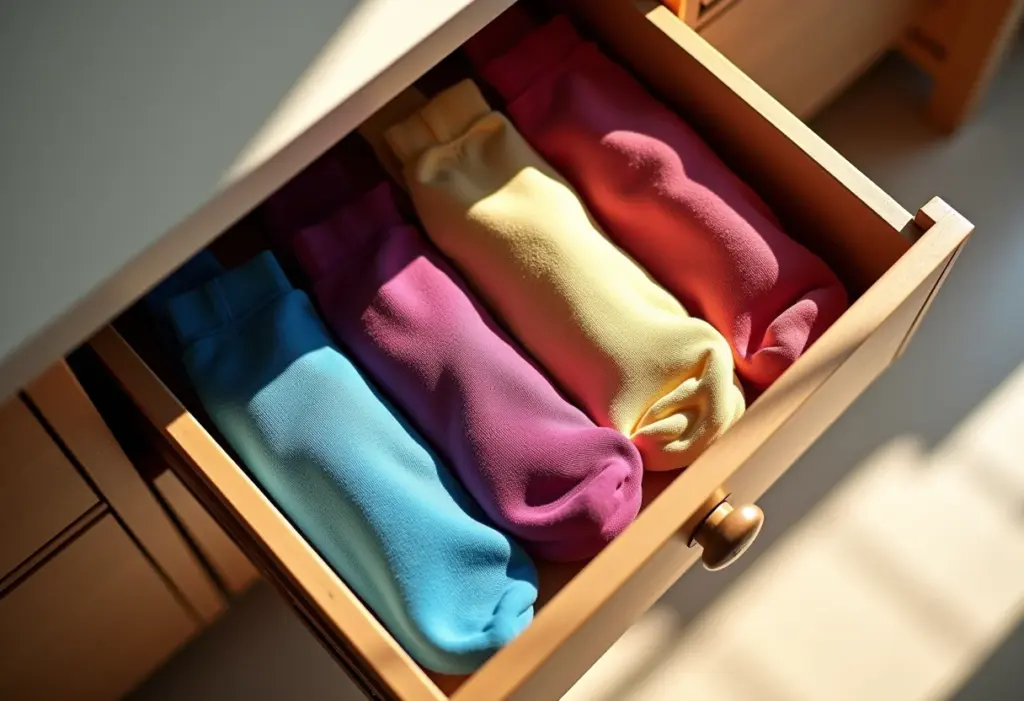 Gaveta de meias: o truque simples para organizar de vez Gaveta de meias coloridas organizada
