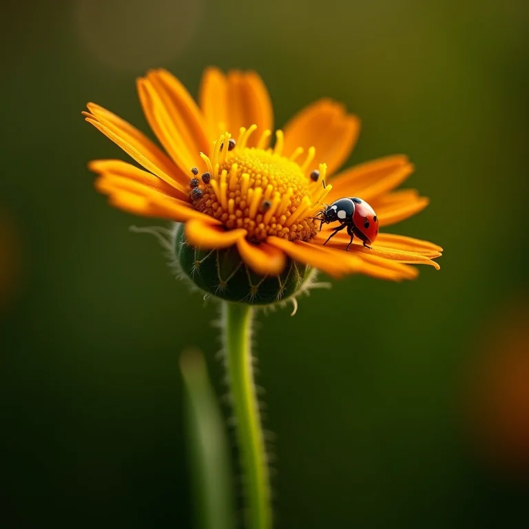 Gazânia infestada por pulgões com uma joaninha por perto