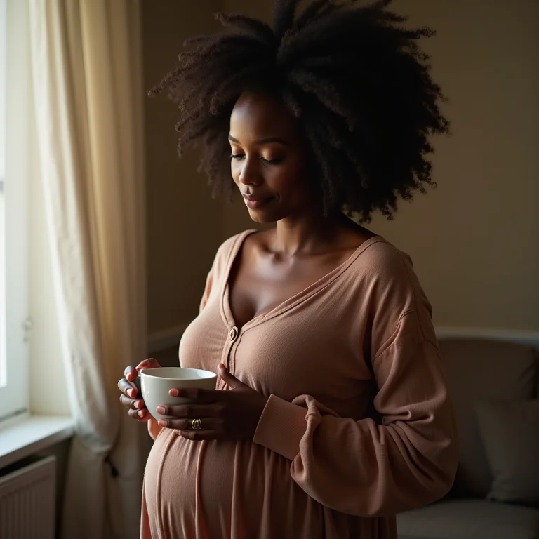 Gestante negra segurando uma xícara de chá de amora.