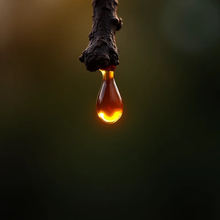 Gota de seiva espessa pingando de um galho.