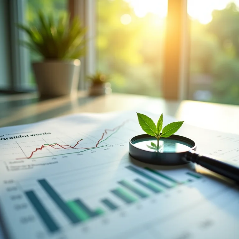 Gráfico com dados de crescimento de plantas e lupa.