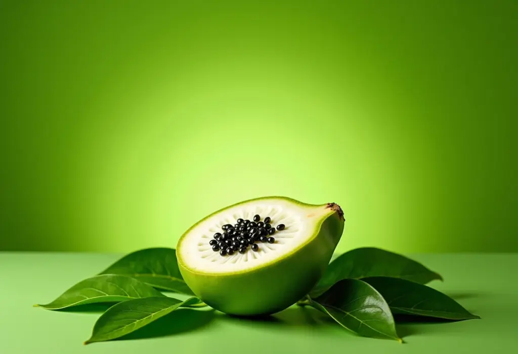 Graviola fresca cortada ao meio com folhas verdes ao redor