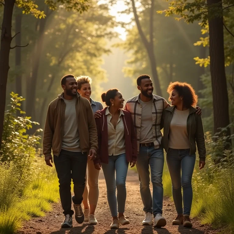 Grupo de amigos caminhando em trilha na floresta