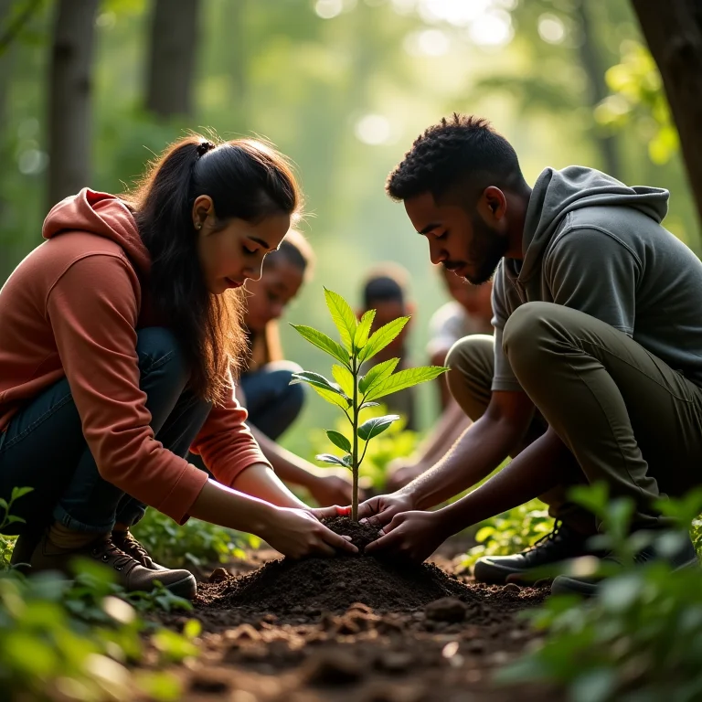 Grupo de ativistas ambientais plantando mudas em área desmatada.