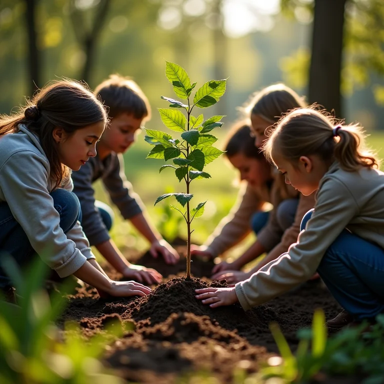 Grupo diverso de pessoas plantando árvores nativas.