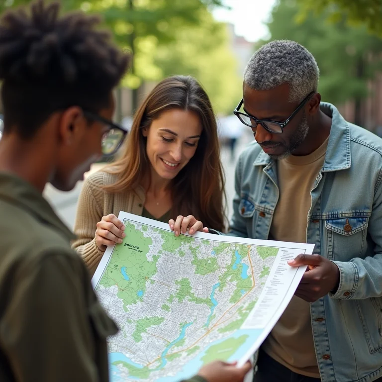 Grupo diverso de urbanistas analisando mapa de áreas verdes da cidade