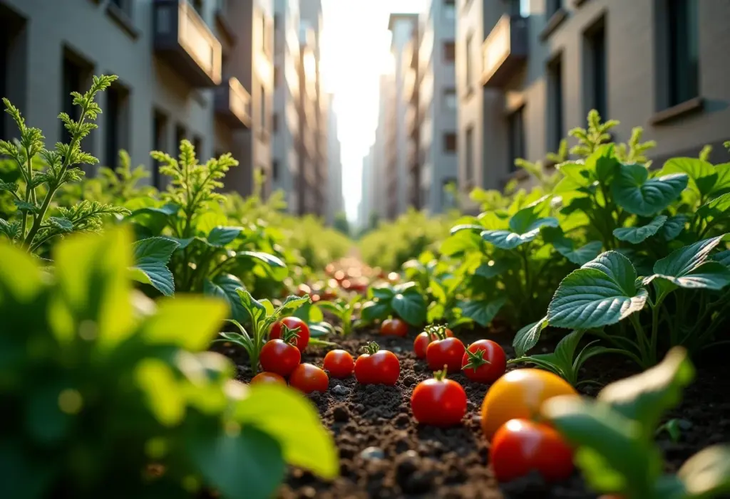 Horta urbana exuberante com vegetais e ervas crescendo em ambiente urbano.