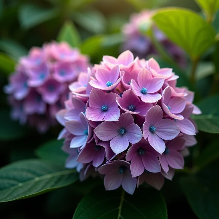 Hortênsias vibrantes em jardim sombreado.