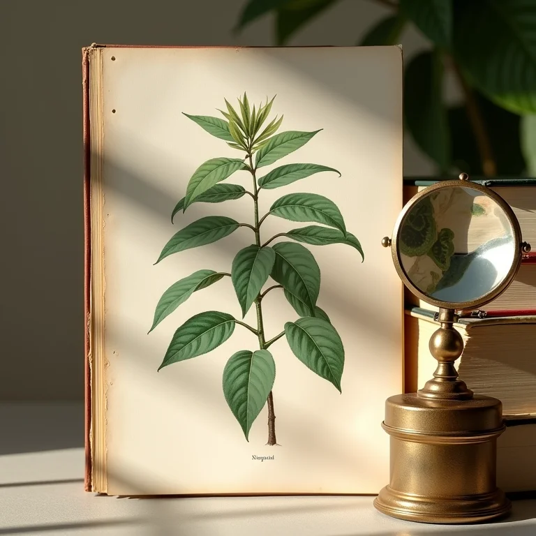 Ilustração botânica vintage de Nepeta com livro antigo e lupa.