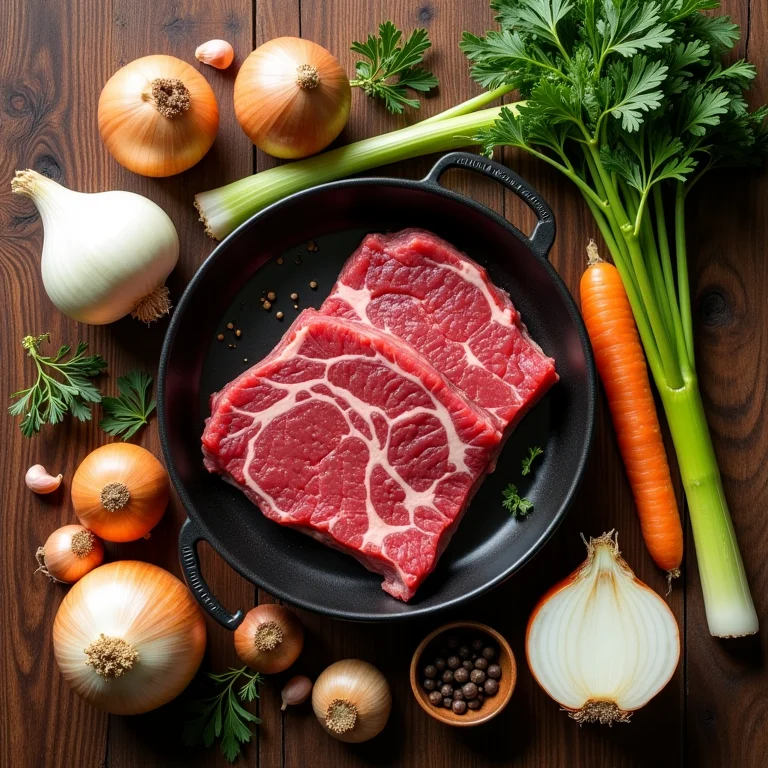 Ingredientes aromáticos para carne de panela dispostos artisticamente.