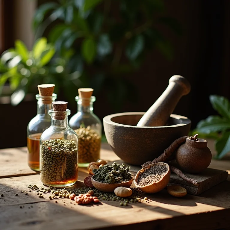 Ingredientes de medicina herbal medieval em mesa rústica.