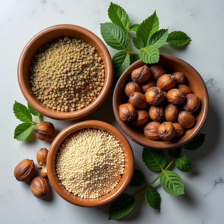 Ingredientes do dukkah: sementes de sésamo, coentro, cominho, avelãs e hortelã seca.