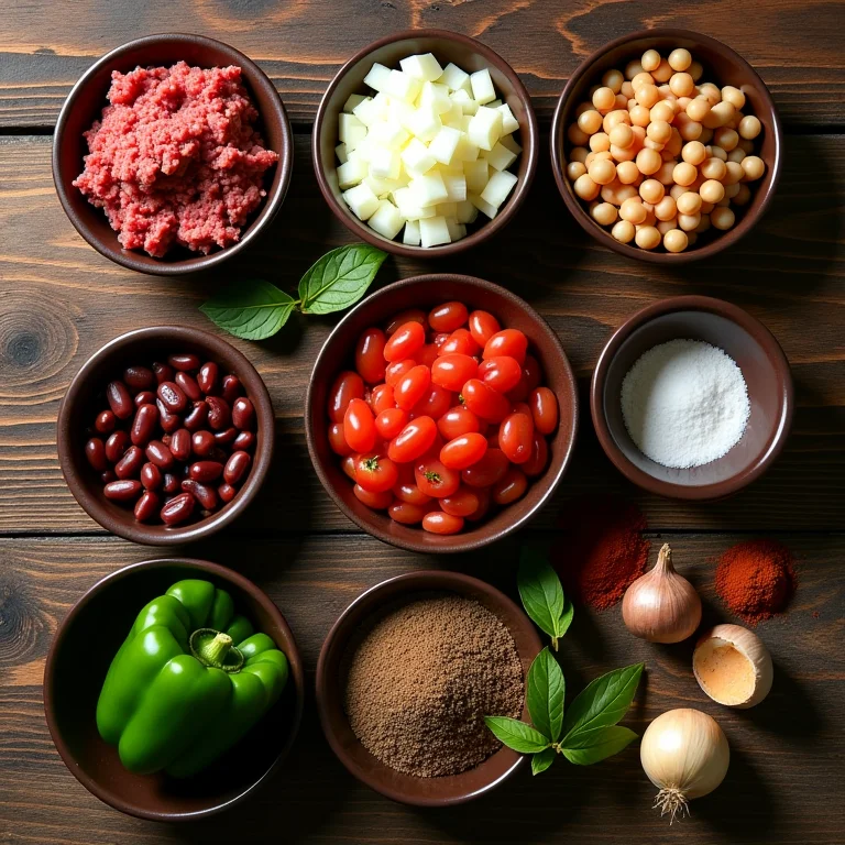 Ingredientes essenciais para chilli: carne moída, feijão, tomate, cebola, alho, pimentões e especiarias.