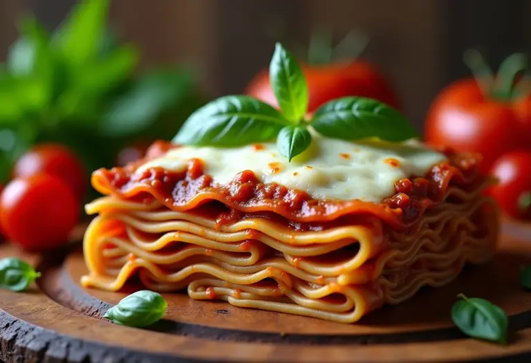 Ingredientes frescos para lasanha dispostos em mesa de madeira rústica.