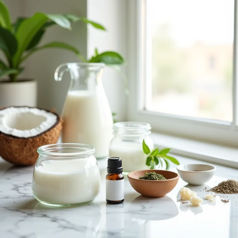 Ingredientes para fazer sabão de coco caseiro: óleo de coco, soda cáustica, óleos essenciais e ervas