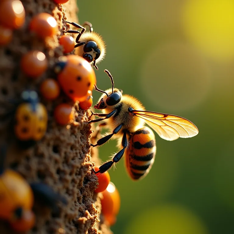 Insetos diversos interagindo com um hotel para insetos.