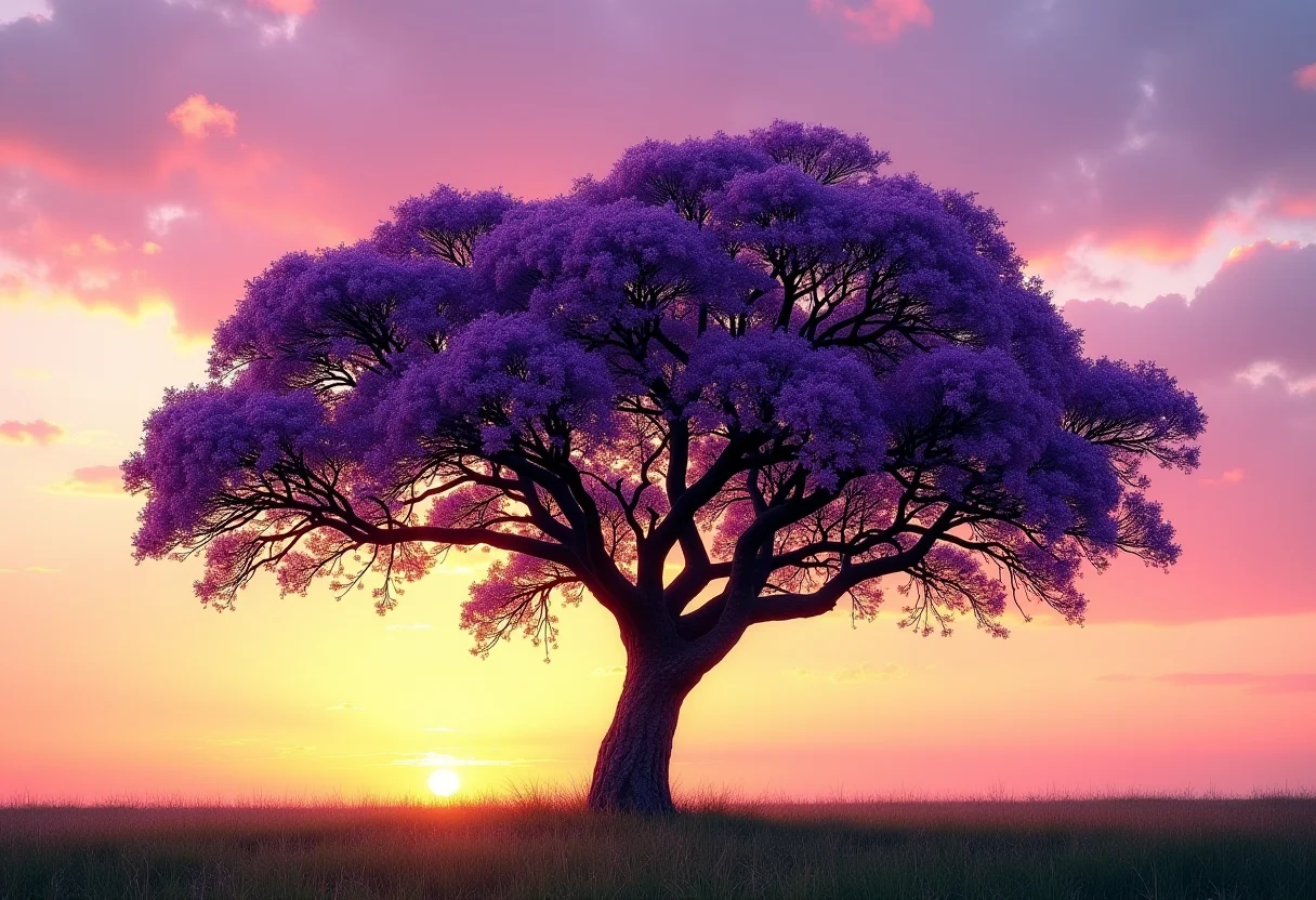 Jacarandá da Bahia florescendo ao pôr do sol