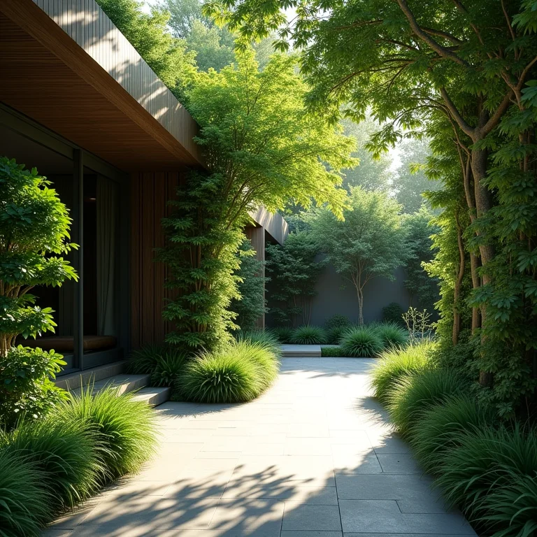 Jardim com árvores oferecendo sombra e frescor.