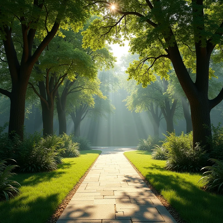 Jardim com luz e sombras criadas por árvores.