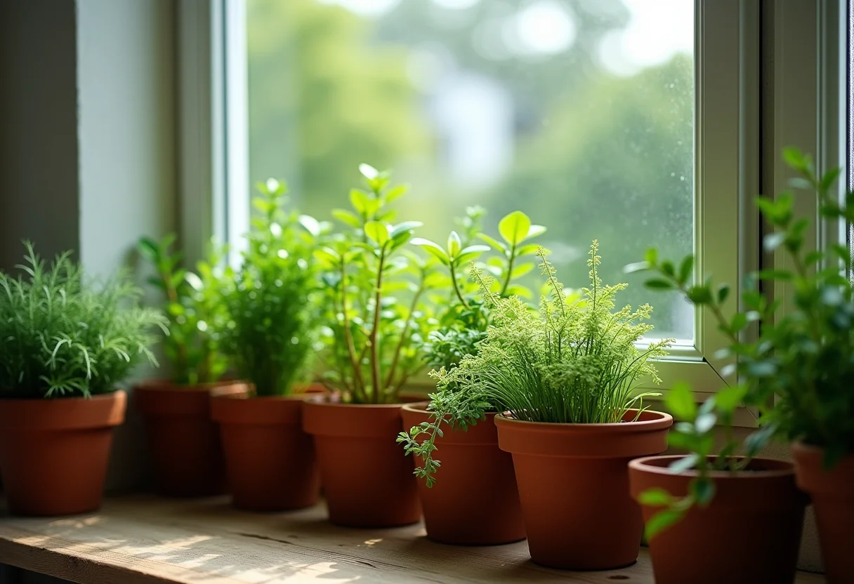 Jardim de chuva em miniatura exuberante em uma varanda ensolarada.