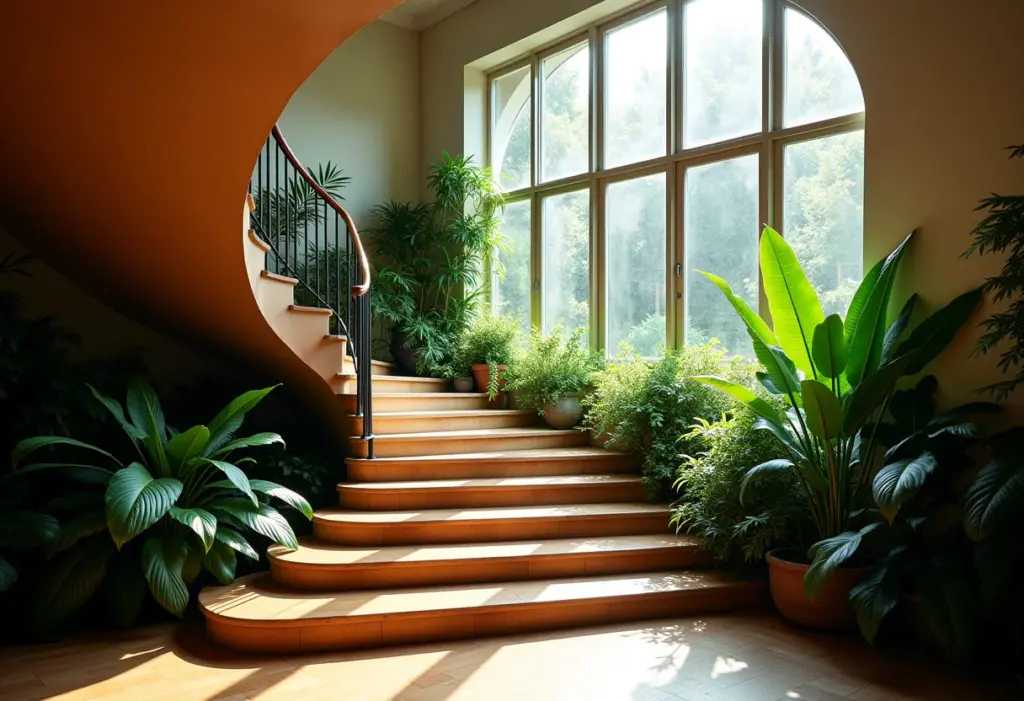 Jardim de inverno exuberante sob escada com iluminação natural