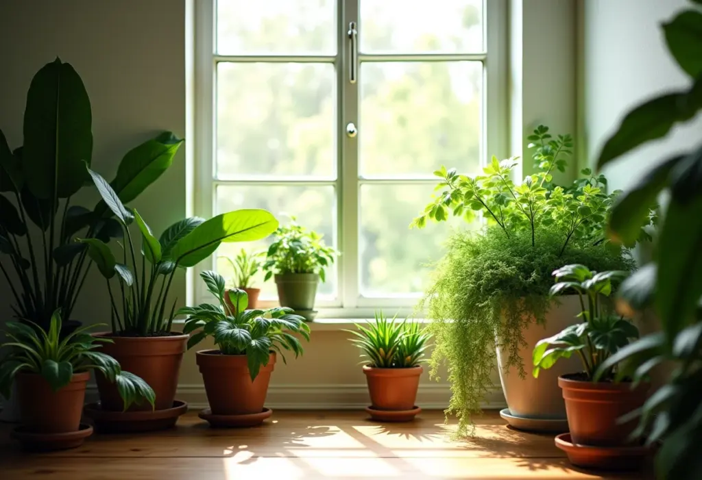Jardim de inverno pequeno com plantas exuberantes em vasos diversos