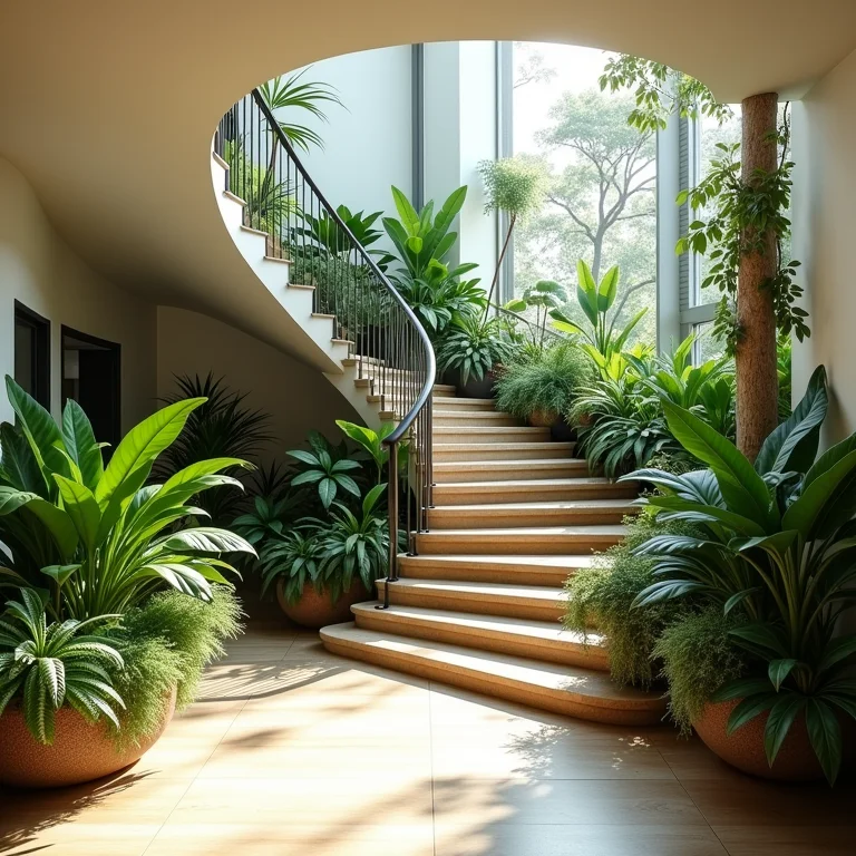 Jardim de inverno sob escada com plantas variadas