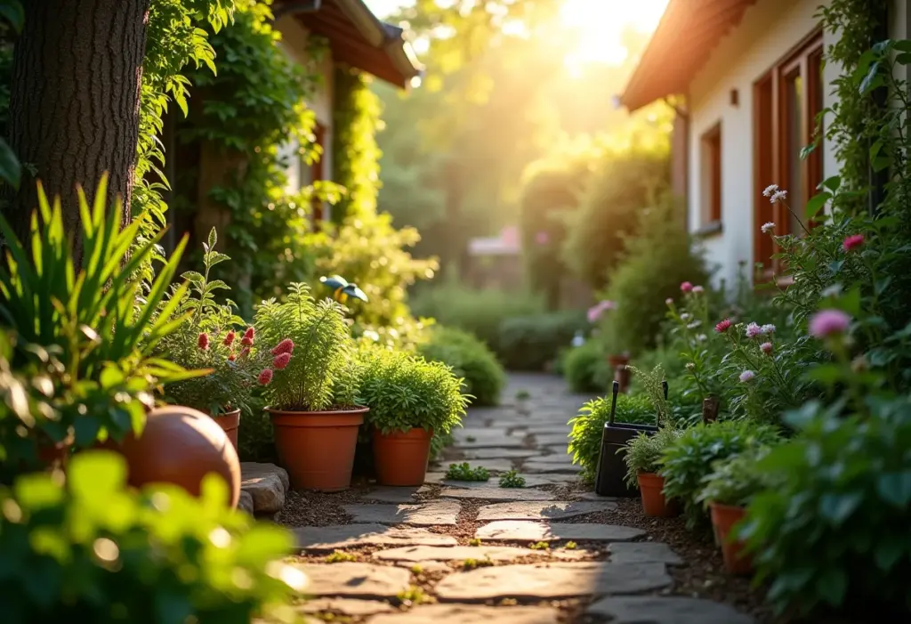 Jardim ensolarado com diversas plantas e ferramentas de jardinagem.
