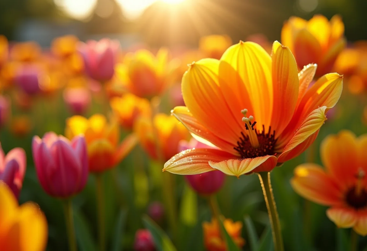 Jardim ensolarado repleto de flores onze horas em diversas cores.