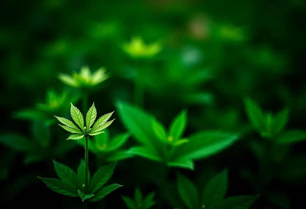 Jardim exuberante à sombra com diversas plantas.