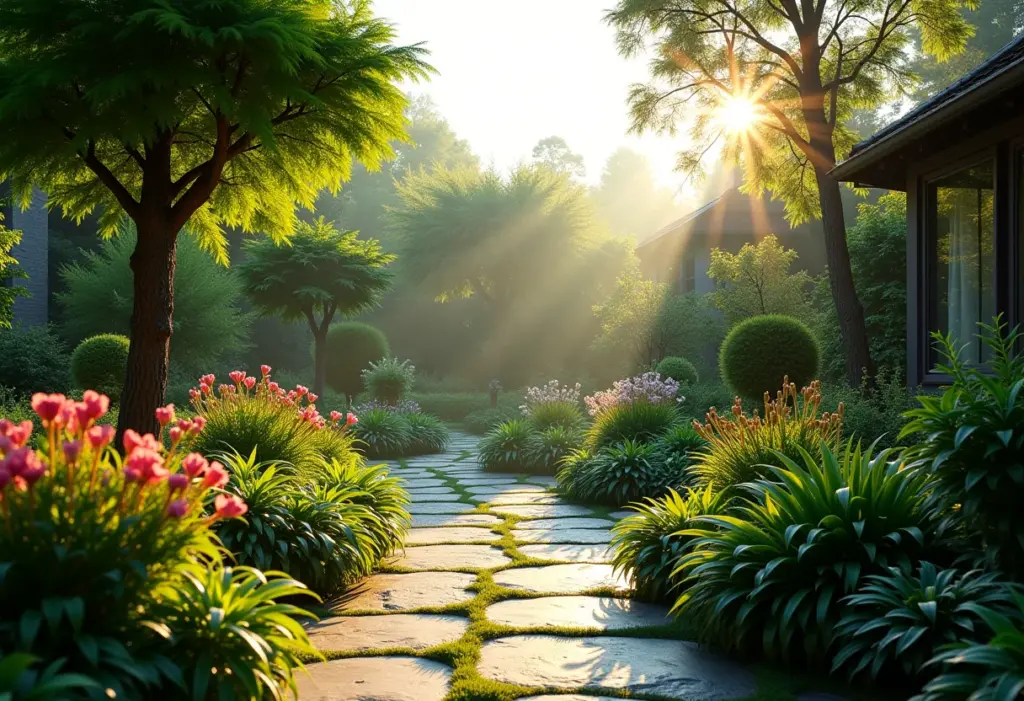 Jardim exuberante com árvores secundárias e plantas diversas.