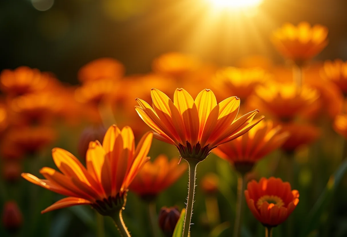 Jardim exuberante com diversas gazânias coloridas sob a luz do sol