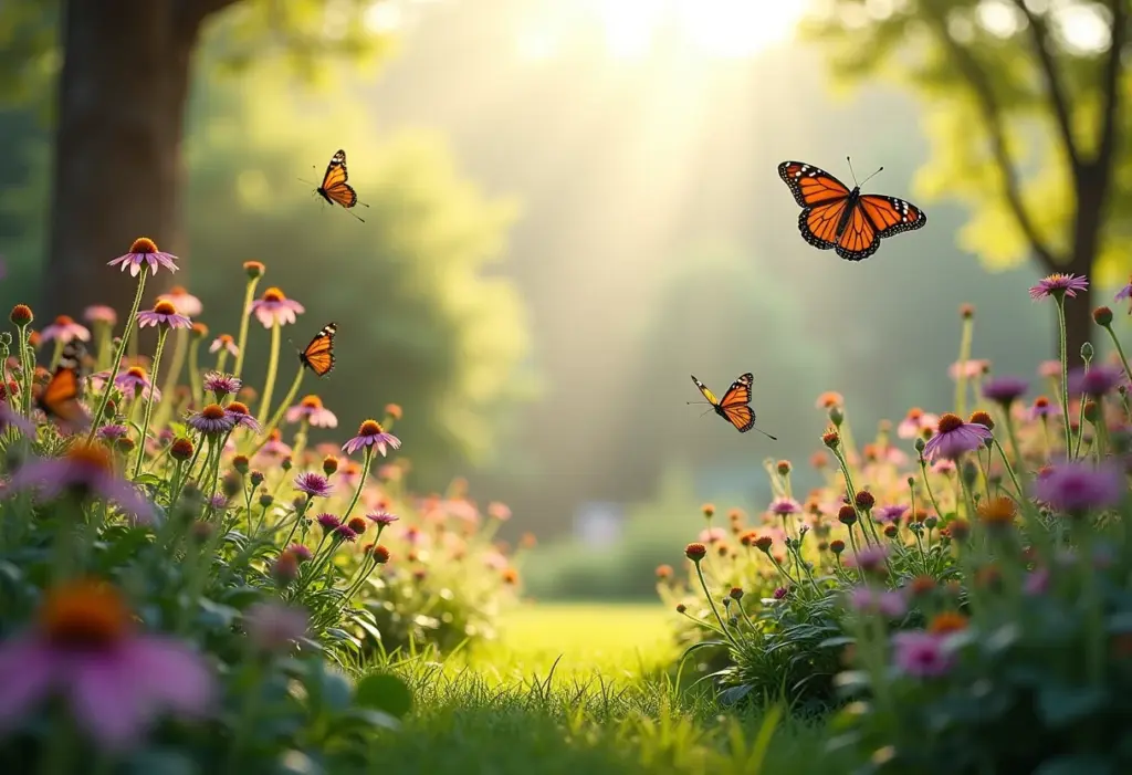 Jardim exuberante com plantas nativas atraindo borboletas e pássaros.