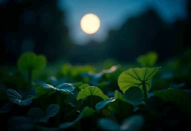 Jardim exuberante sob a luz da lua, plantas viçosas.