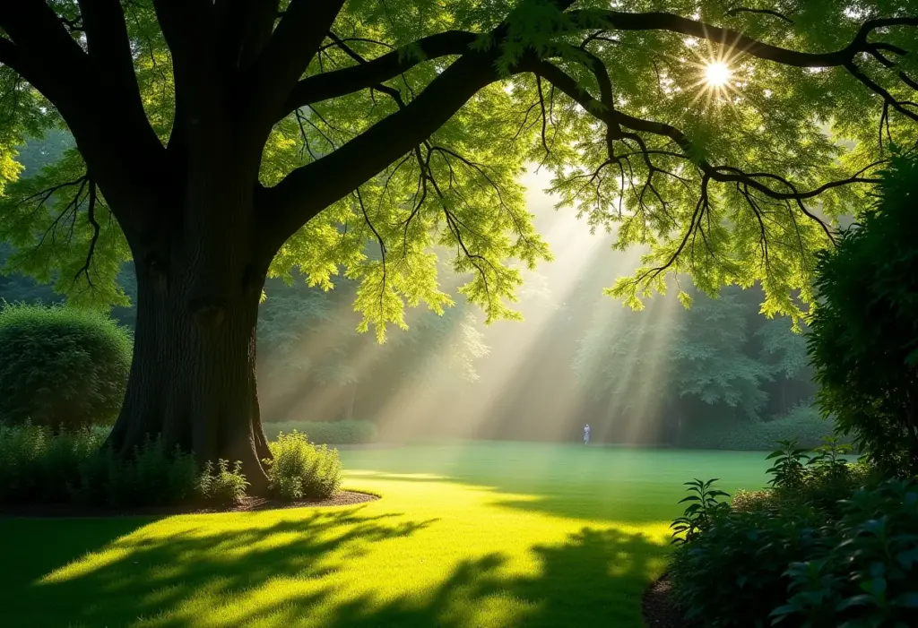 Jardim exuberante sob a sombra de uma árvore