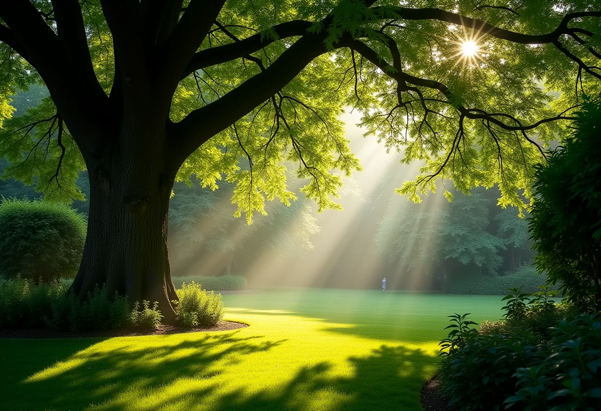 Jardim exuberante sob a sombra de uma árvore