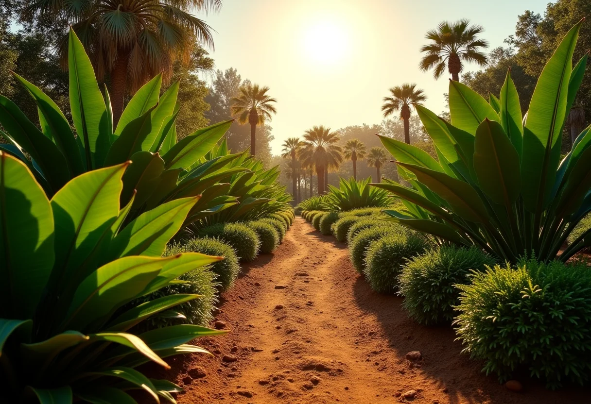 Jardim exuberante sob sol forte, representando árvores resistentes ao calor.