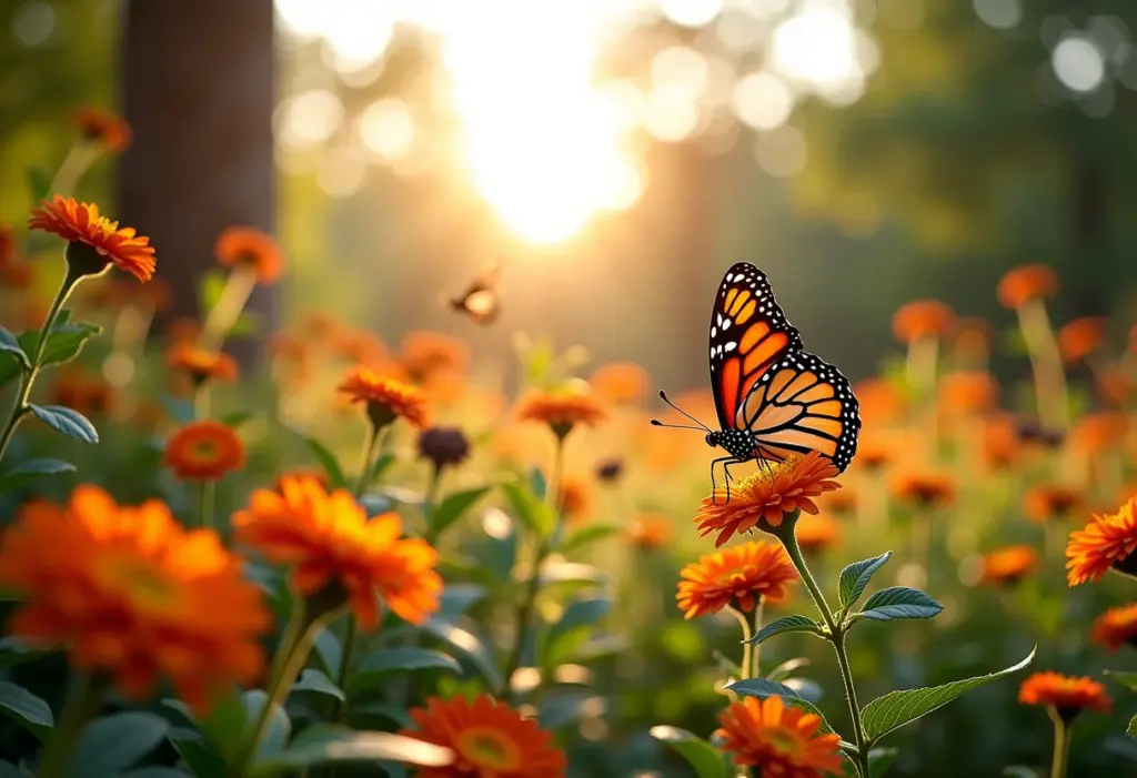 Jardim florido com árvores e borboletas