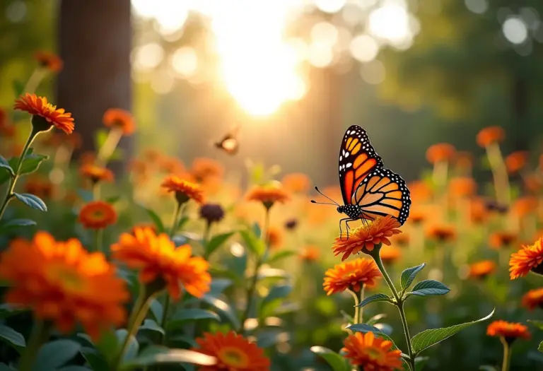 Jardim florido com árvores e borboletas