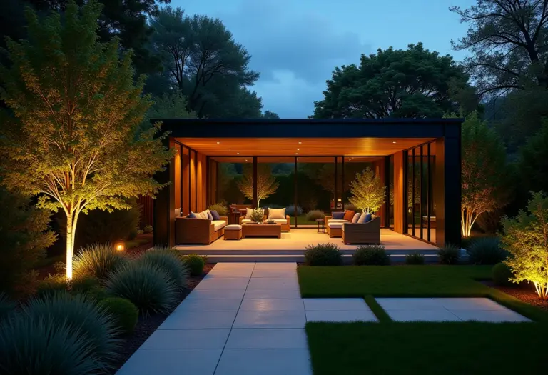 Jardim iluminado ao entardecer com luzes suaves