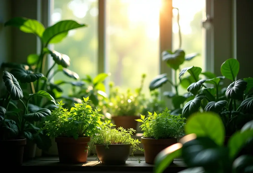 Jardim interno exuberante com iluminação natural e artificial, mostrando plantas saudáveis.