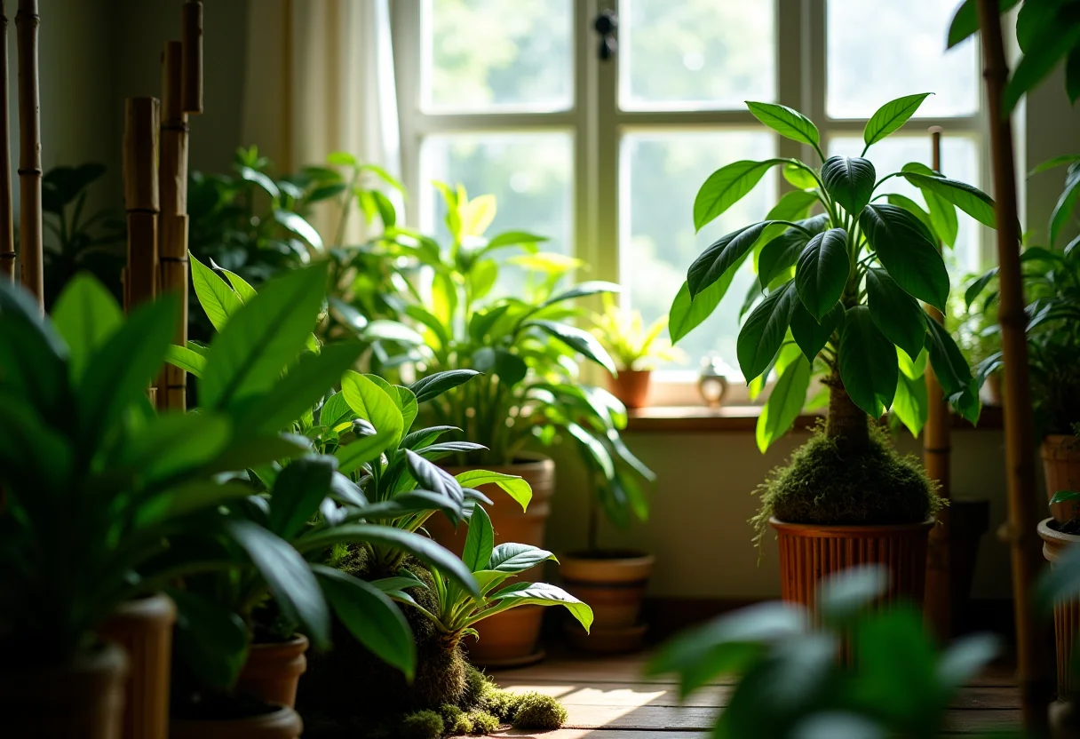 Jardim interno exuberante com plantas tutoradas.